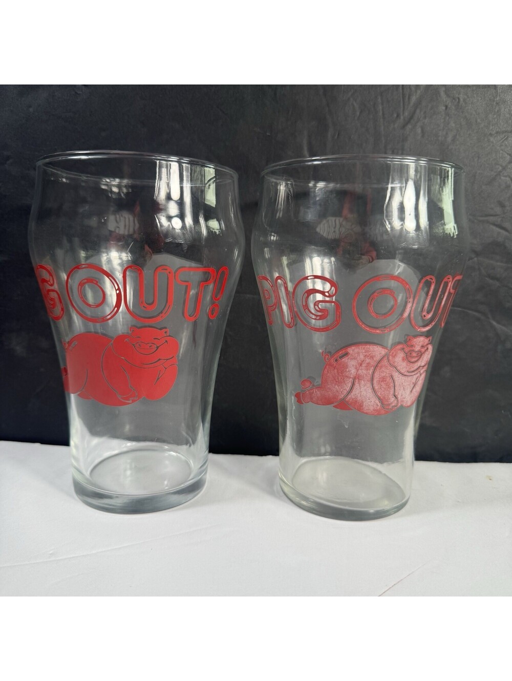 2 Vintage Pig Out! Pint Glass Red Pig Graphics Barware Funny Retro Mancave BBQ